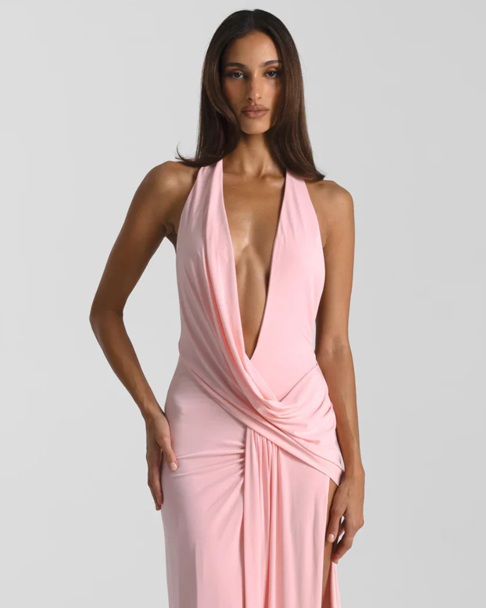 Women's Halter Neck Backless Maxi Dress - Evening Slit Gown