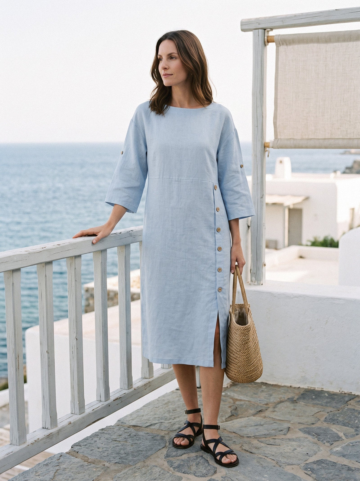 Women's 100% Linen Midi Dress - Asymmetric Round Neck Dress