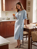 Women's 100% Linen Midi Dress - Asymmetric Round Neck Dress