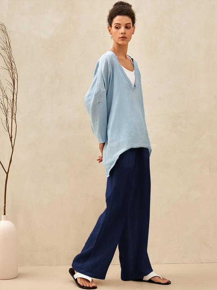 Women's 100% Linen Straight Leg Pants - Full Elastic Waist