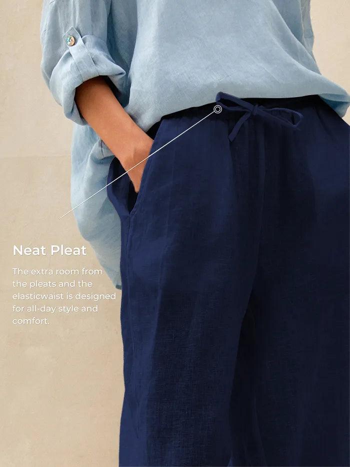 Women's 100% Linen Straight Leg Pants - Full Elastic Waist