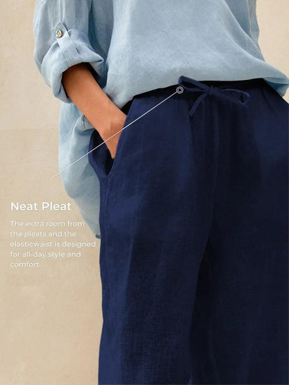 Women's 100% Linen Straight Leg Pants - Full Elastic Waist