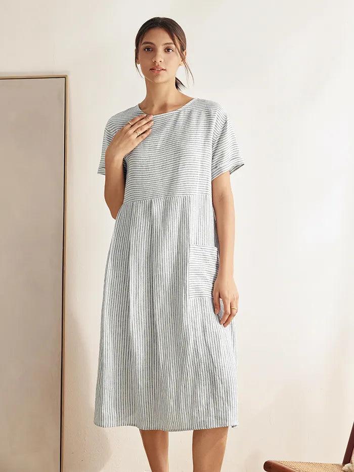 Women's 100% Linen A-Line Midi Dress - Short Sleeve Ruched
