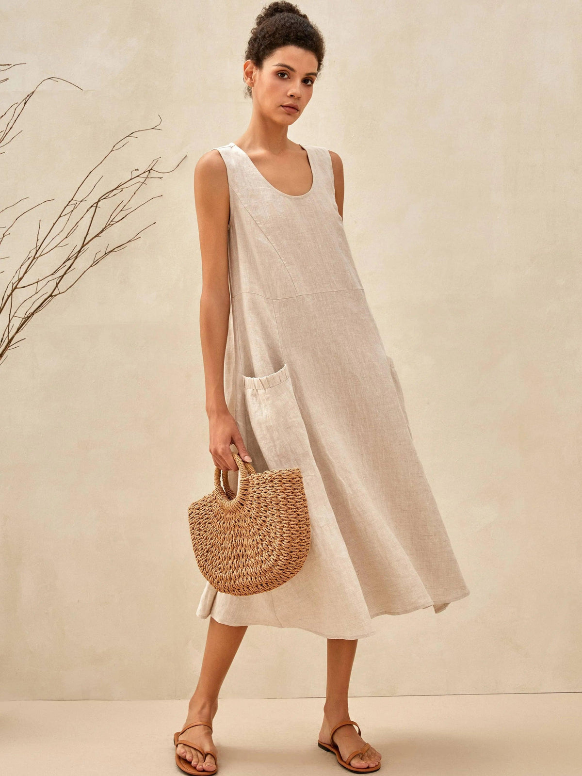 Women's 100% Linen Sleeveless Midi Dress with Pockets