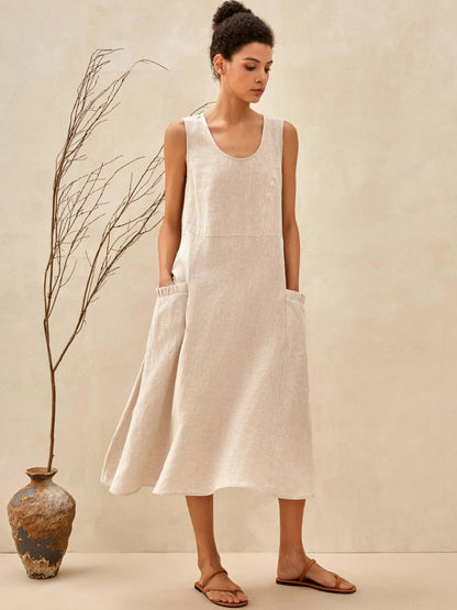 Women's 100% Linen Sleeveless Midi Dress with Pockets