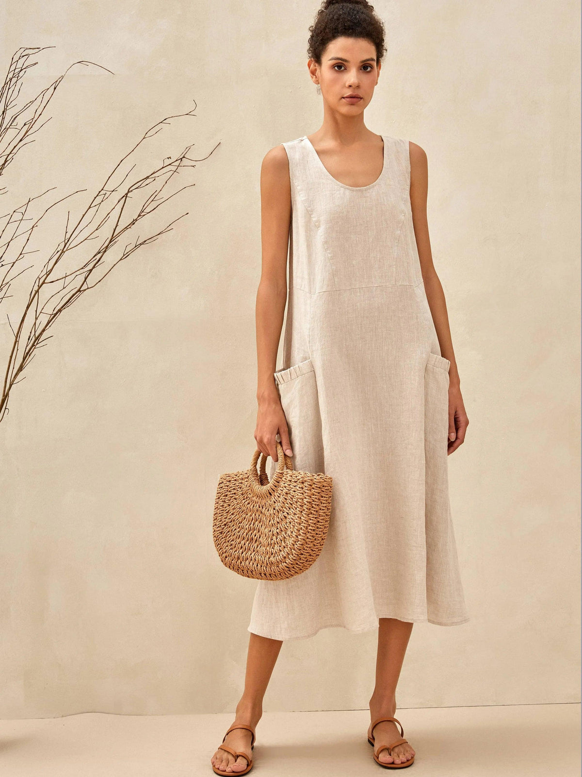 Women's 100% Linen Sleeveless Midi Dress with Pockets