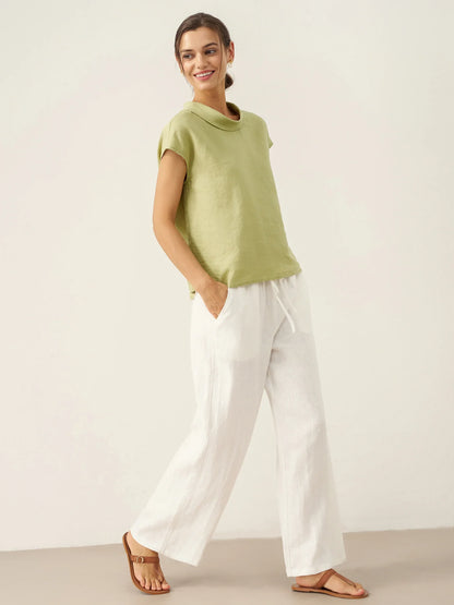 Women's 100% Linen Cap Sleeve Blouse - Garment Dyed Top