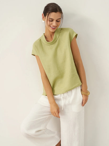 Women's 100% Linen Cap Sleeve Blouse - Garment Dyed Top
