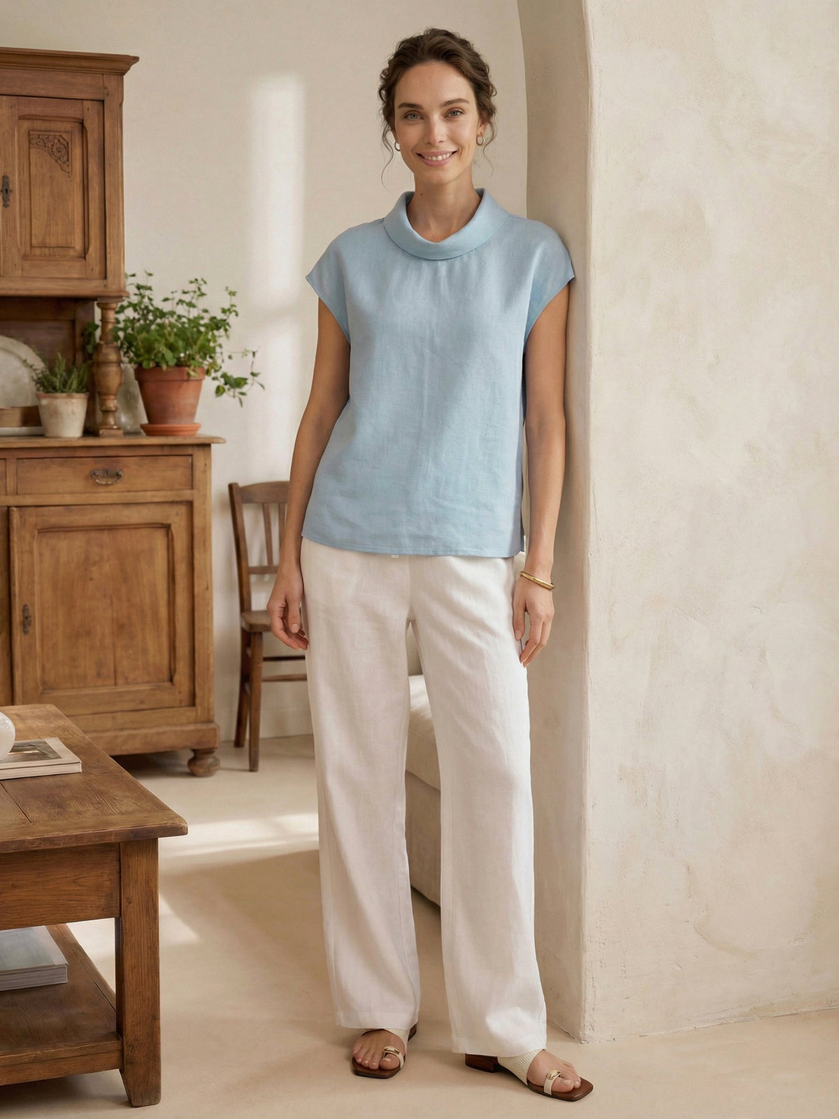 Women's 100% Linen Cap Sleeve Blouse - Garment Dyed Top