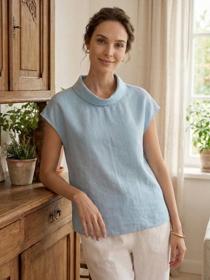 Women's 100% Linen Cap Sleeve Blouse - Garment Dyed Top