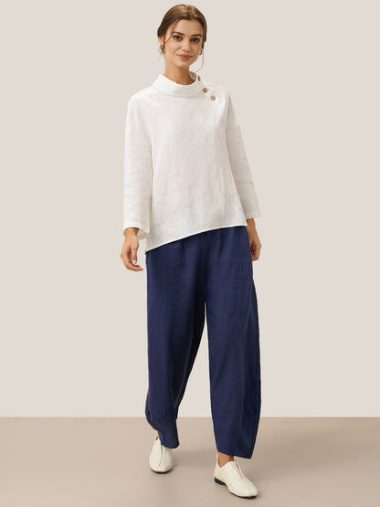 Women's 100% Linen Wide Leg Pants - Full Elastic Waist