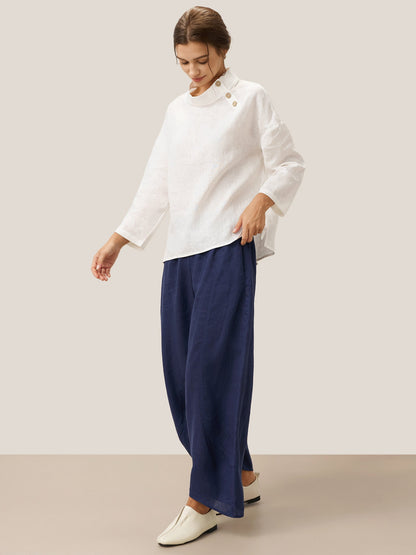 Women's 100% Linen Wide Leg Pants - Full Elastic Waist
