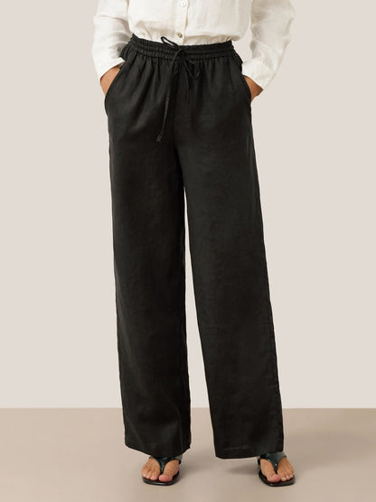 Women's 100% Linen Straight Leg Pants - Full Elastic Waist