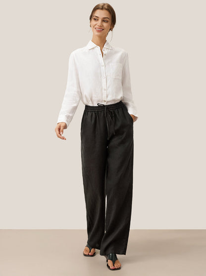 Women's 100% Linen Straight Leg Pants - Full Elastic Waist