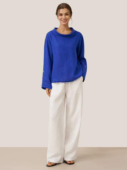 Women's 100% Linen Straight Leg Pants - Full Elastic Waist
