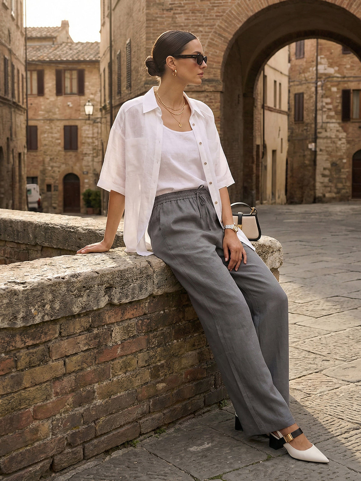 Women's 100% Linen Straight Leg Pants - Full Elastic Waist