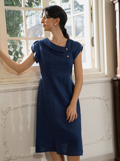 Women's 100% Linen Tailored Midi Dress - Cap Sleeve Buttons