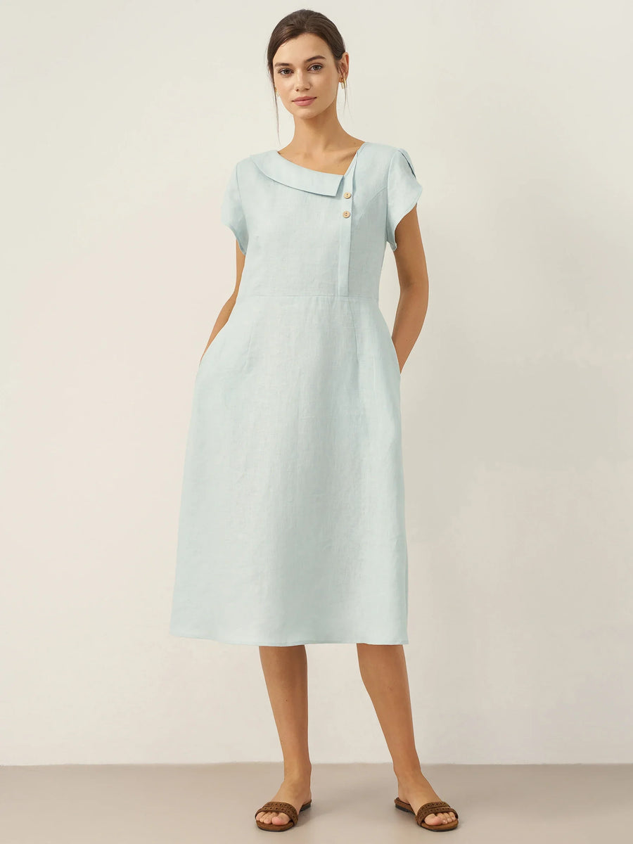 Women's 100% Linen Tailored Midi Dress - Cap Sleeve Buttons
