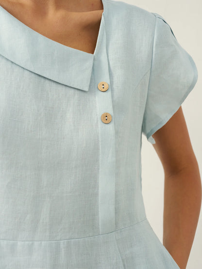 Women's 100% Linen Tailored Midi Dress - Cap Sleeve Buttons