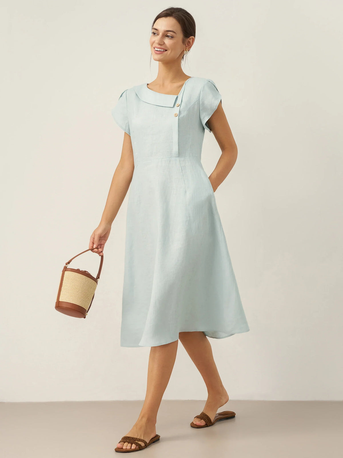 Women's 100% Linen Tailored Midi Dress - Cap Sleeve Buttons