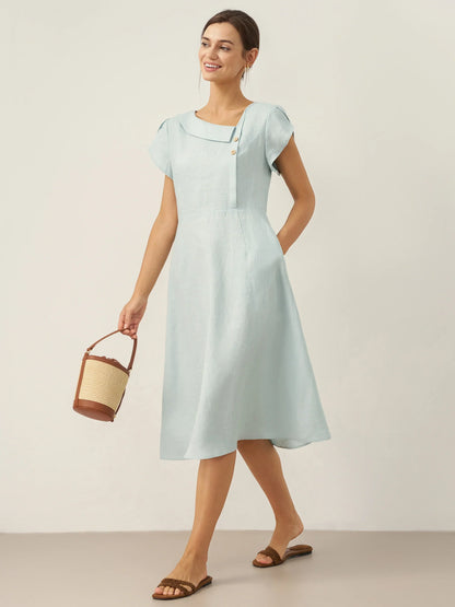 Women's 100% Linen Tailored Midi Dress - Cap Sleeve Buttons