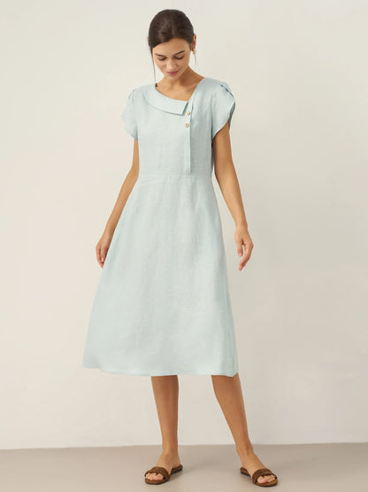 Women's 100% Linen Tailored Midi Dress - Cap Sleeve Buttons