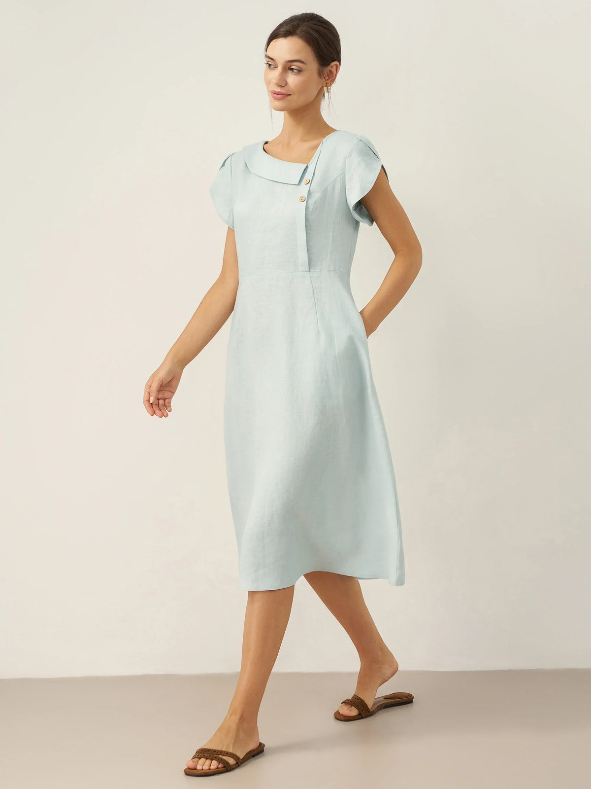 Women's 100% Linen Tailored Midi Dress - Cap Sleeve Buttons