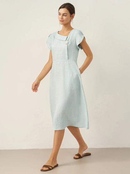 Women's 100% Linen Tailored Midi Dress - Cap Sleeve Buttons