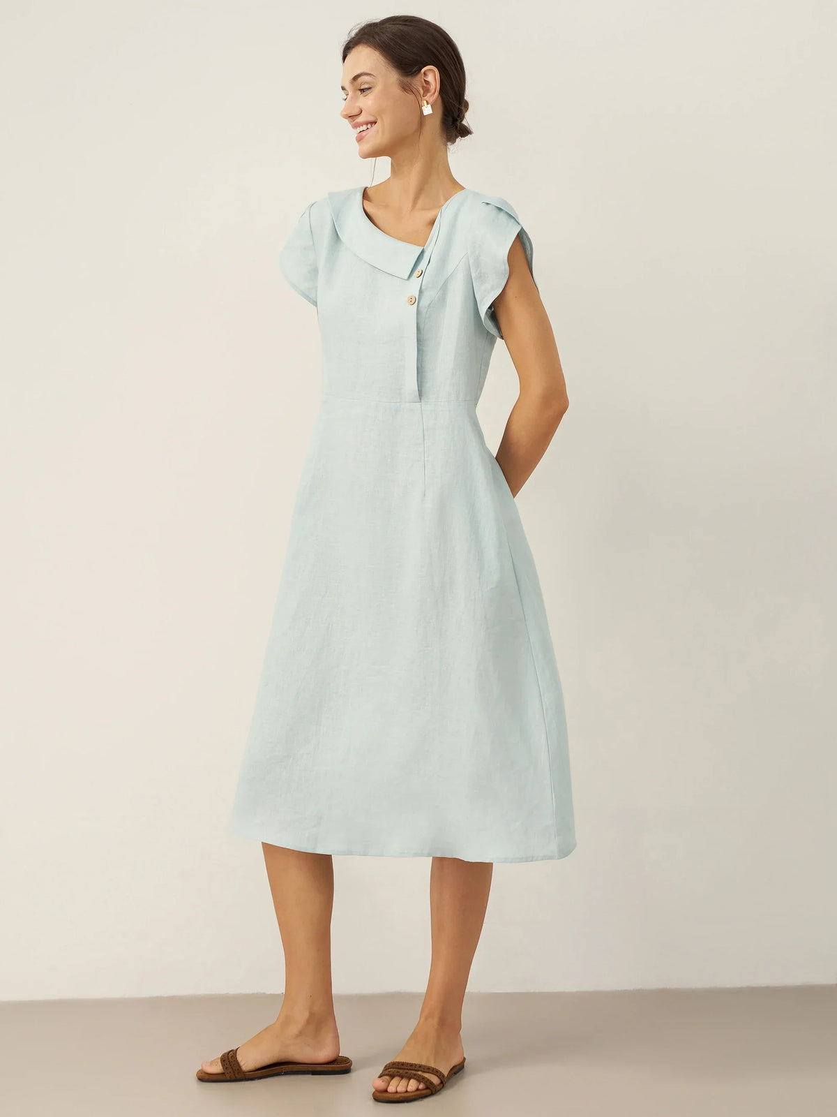 Women's 100% Linen Tailored Midi Dress - Cap Sleeve Buttons