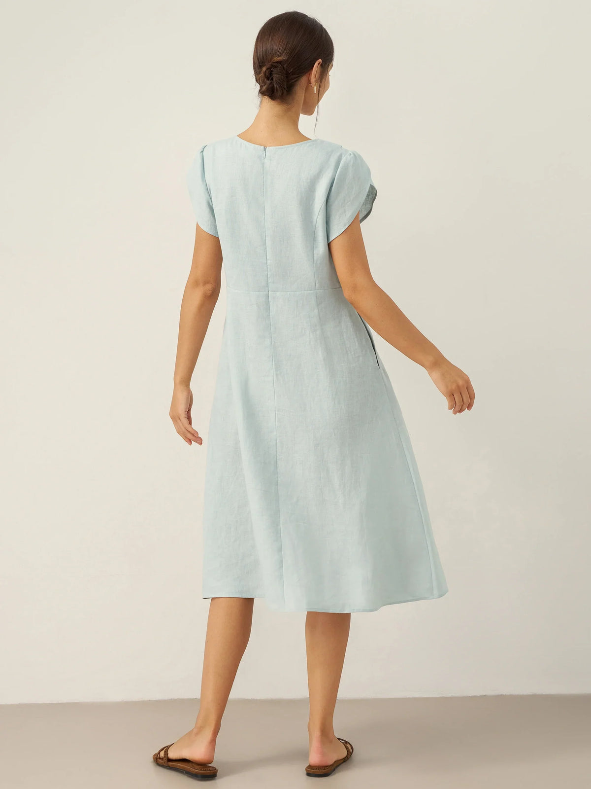 Women's 100% Linen Tailored Midi Dress - Cap Sleeve Buttons