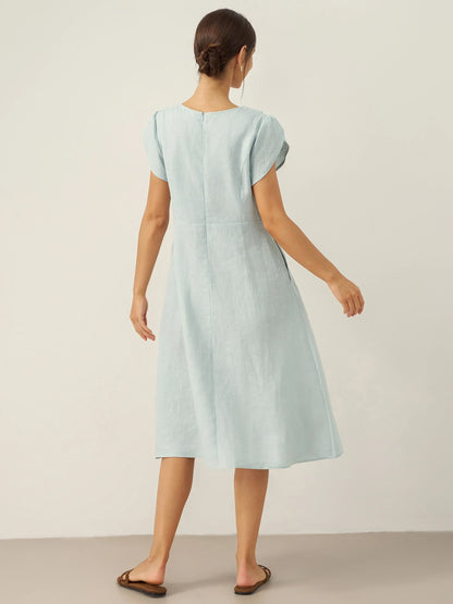 Women's 100% Linen Tailored Midi Dress - Cap Sleeve Buttons