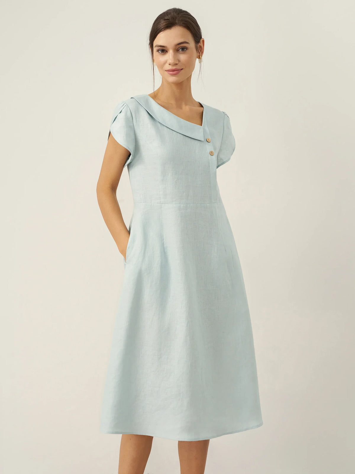 Women's 100% Linen Tailored Midi Dress - Cap Sleeve Buttons