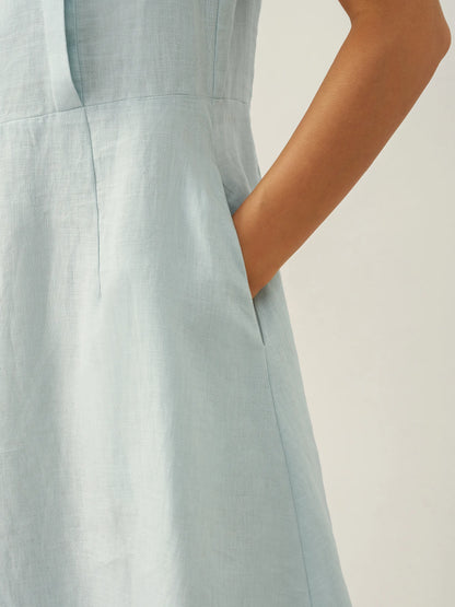 Women's 100% Linen Tailored Midi Dress - Cap Sleeve Buttons