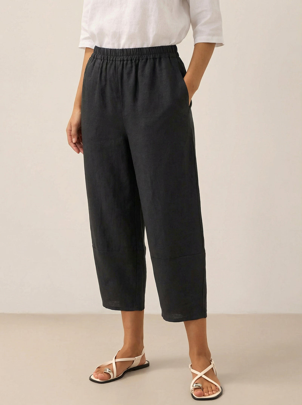 Women's 100% Linen Cropped Barrel Pants - Elastic Waist