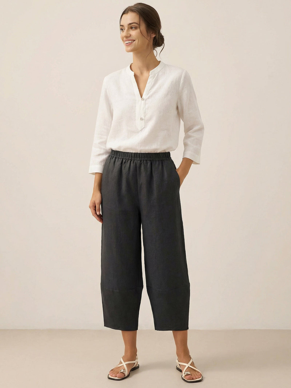Women's 100% Linen Cropped Barrel Pants - Elastic Waist