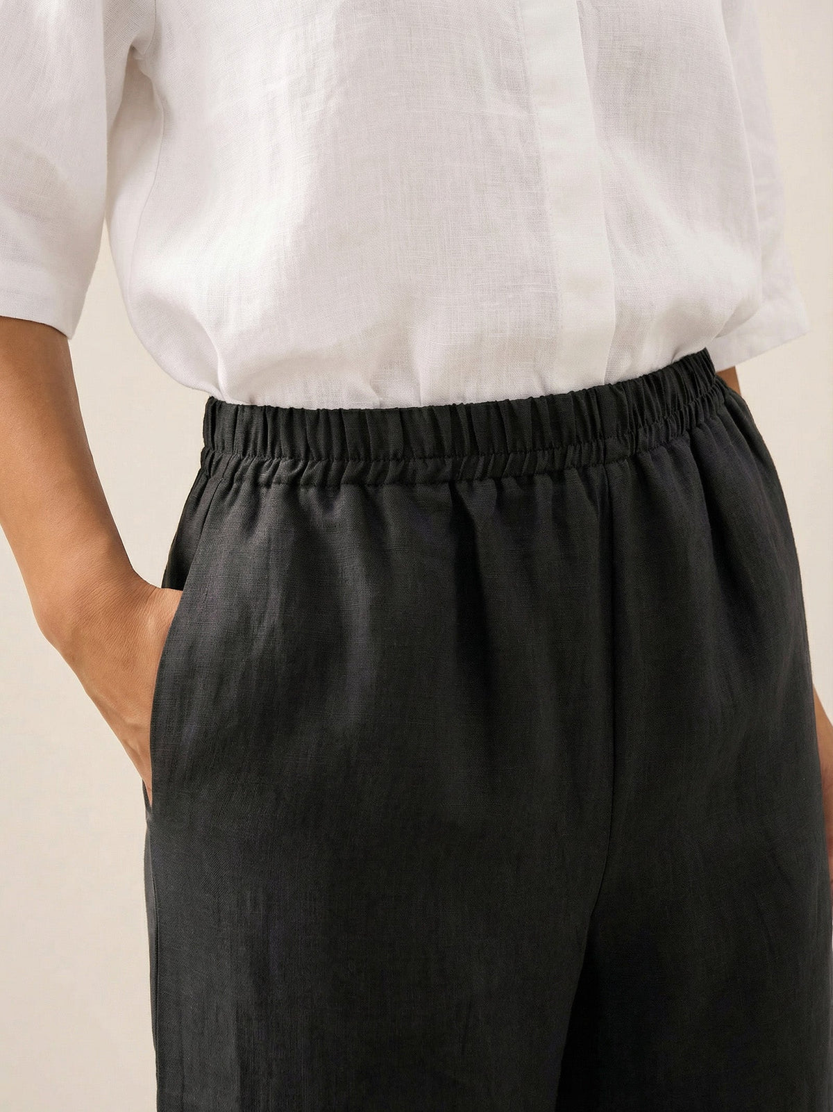 Women's 100% Linen Cropped Barrel Pants - Elastic Waist
