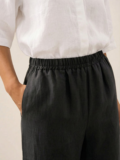 Women's 100% Linen Cropped Barrel Pants - Elastic Waist