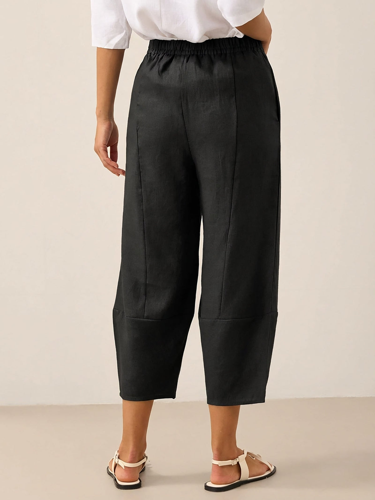 Women's 100% Linen Cropped Barrel Pants - Elastic Waist