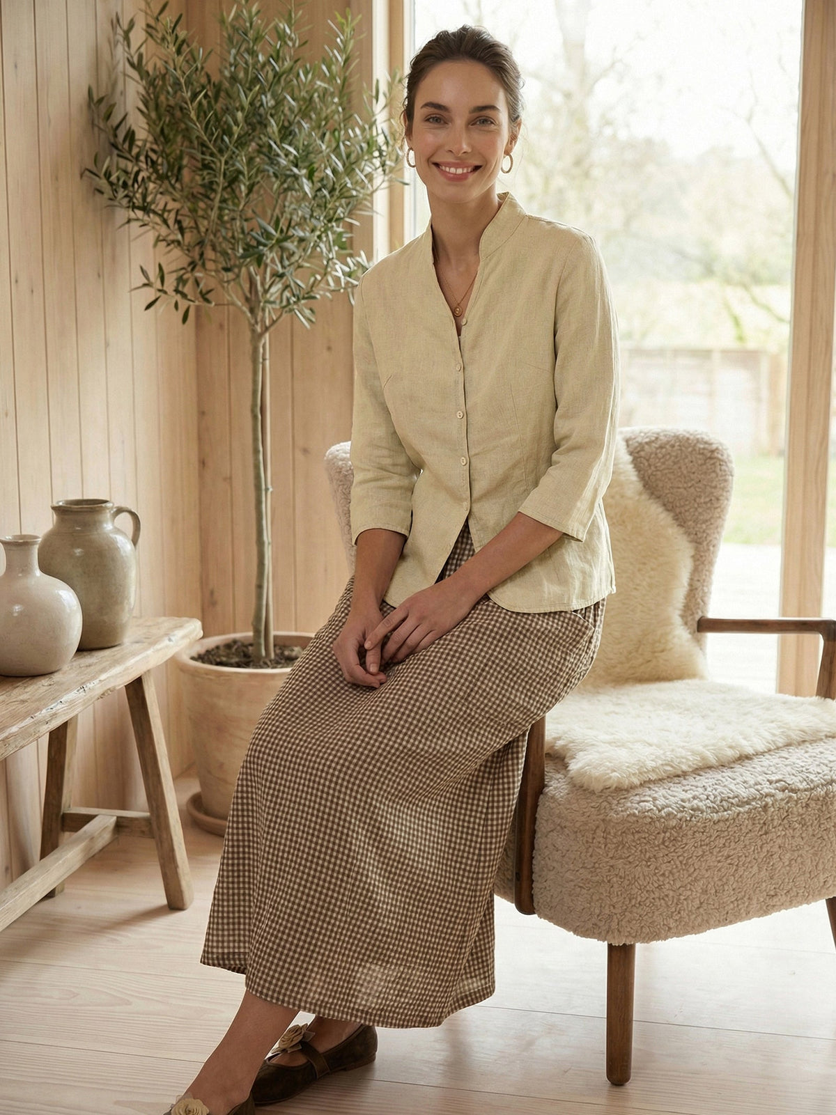 Women's 100% Linen Tailored Jacket - Stand Collar Blazer