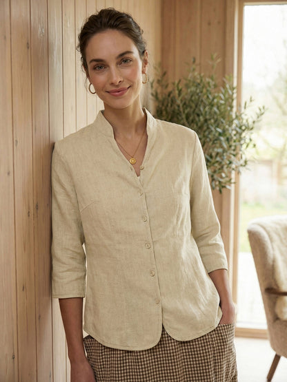Women's 100% Linen Tailored Jacket - Stand Collar Blazer