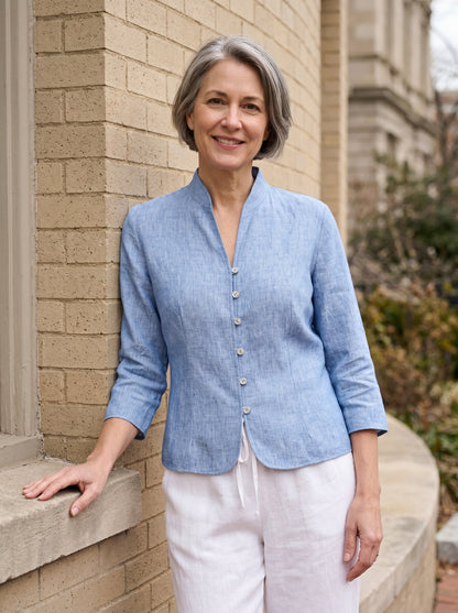 Women's 100% Linen Tailored Jacket - Stand Collar Blazer