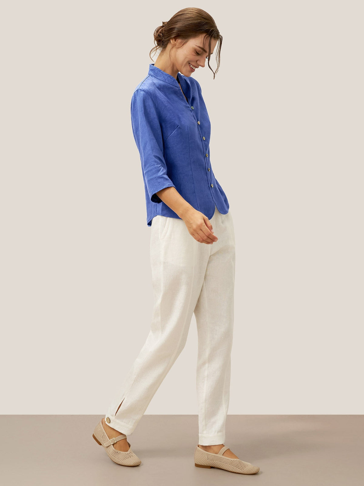 Women's 100% Linen Tailored Jacket - Stand Collar Blazer