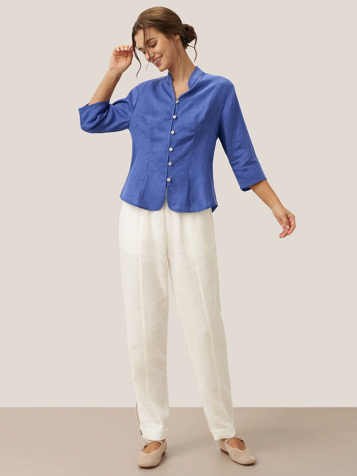 Women's 100% Linen Tailored Jacket - Stand Collar Blazer