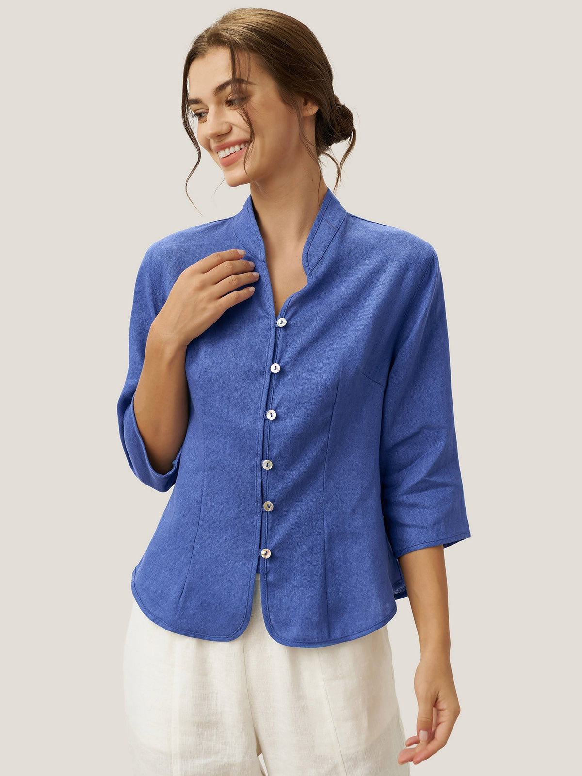 Women's 100% Linen Tailored Jacket - Stand Collar Blazer
