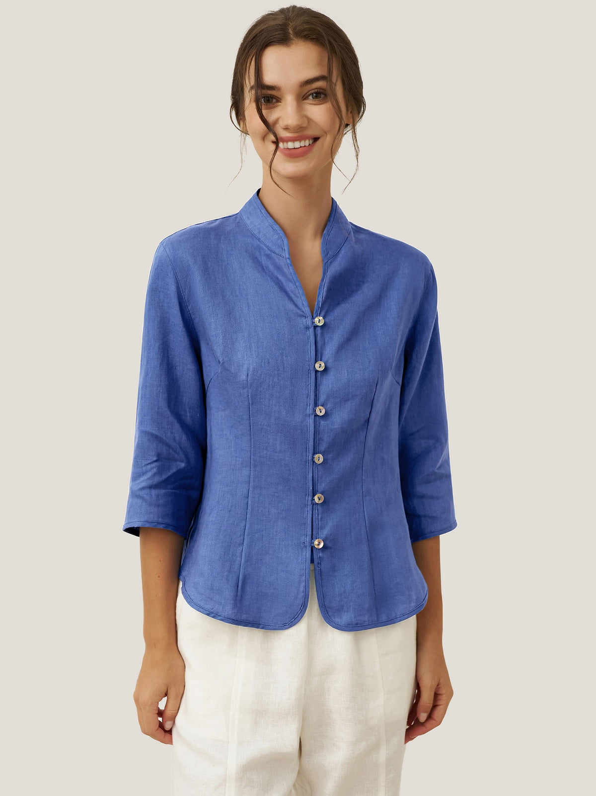 Women's 100% Linen Tailored Jacket - Stand Collar Blazer