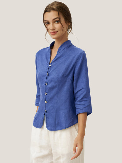 Women's 100% Linen Tailored Jacket - Stand Collar Blazer