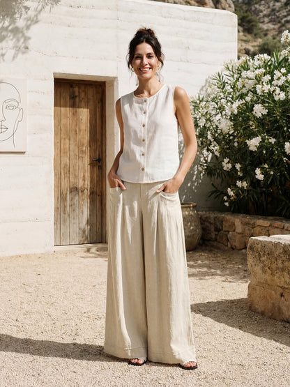 Women's Linen Wide Leg Pants with Welt Pockets - High Rise
