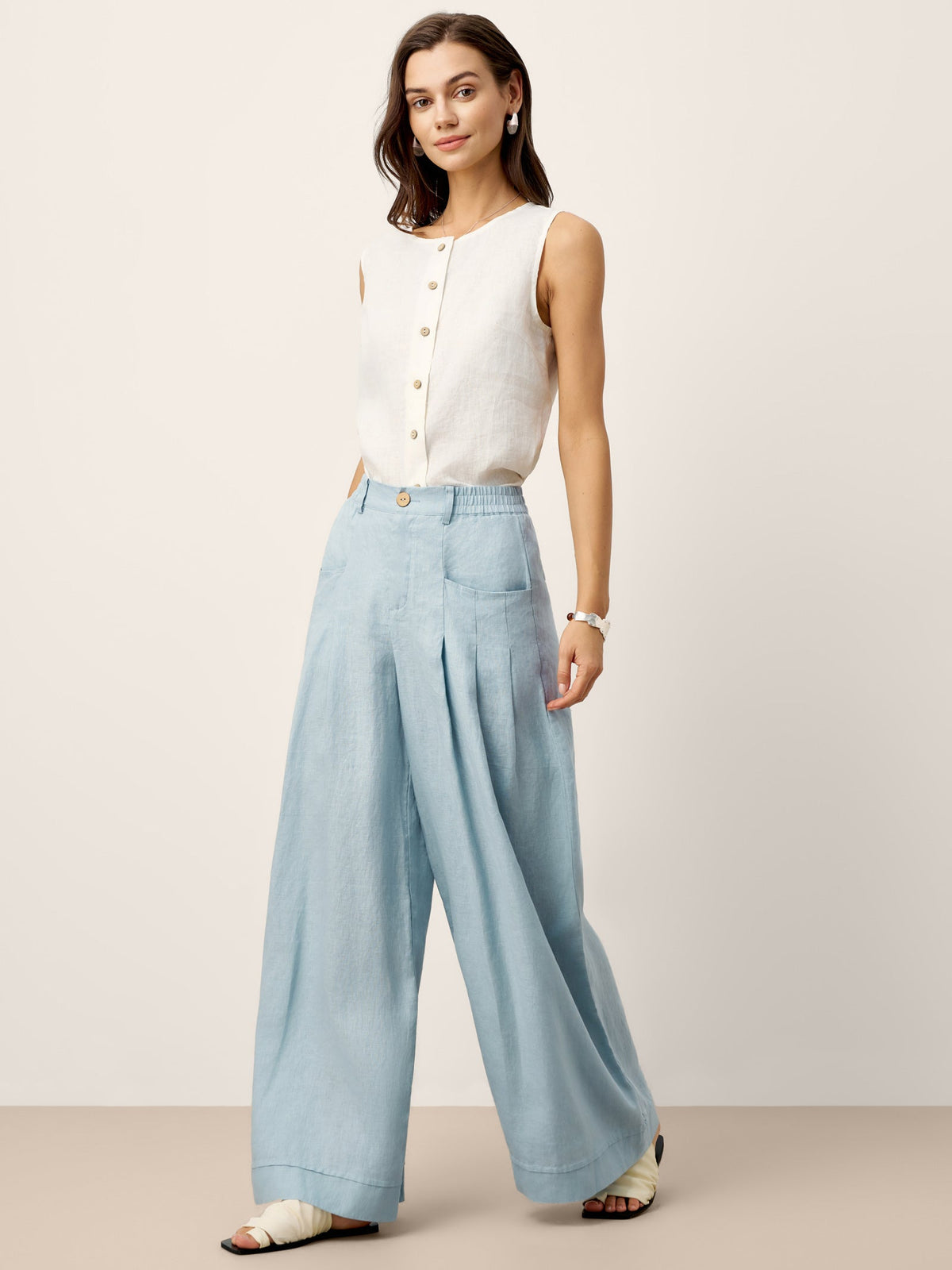 Women's Linen Wide Leg Pants with Welt Pockets - High Rise