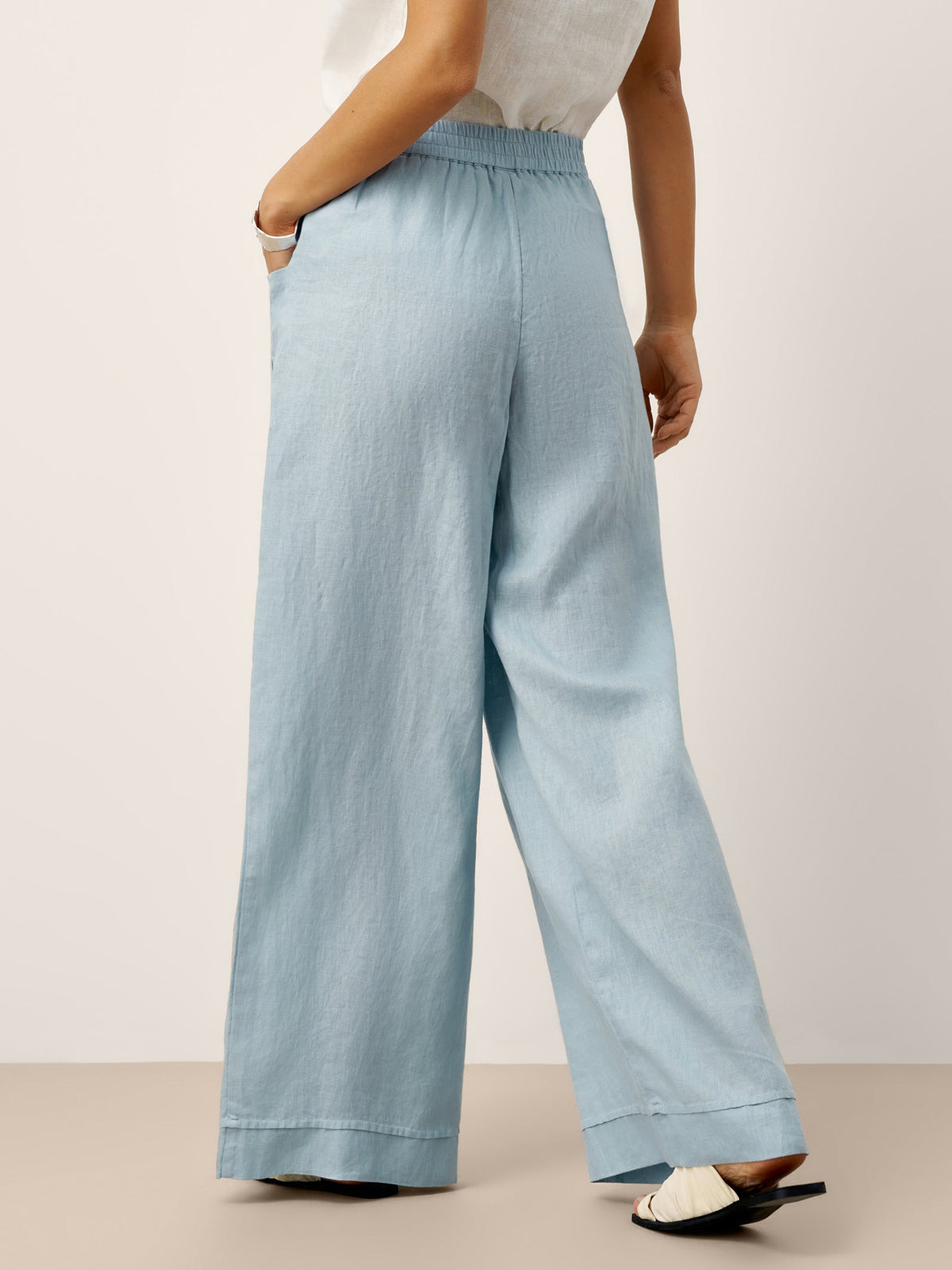 Women's Linen Wide Leg Pants with Welt Pockets - High Rise
