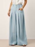 Women's Linen Wide Leg Pants with Welt Pockets - High Rise